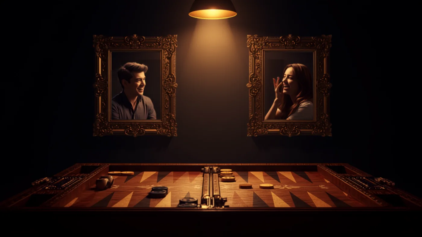 Two players in ornate gold frames facing each other across a lit backgammon board